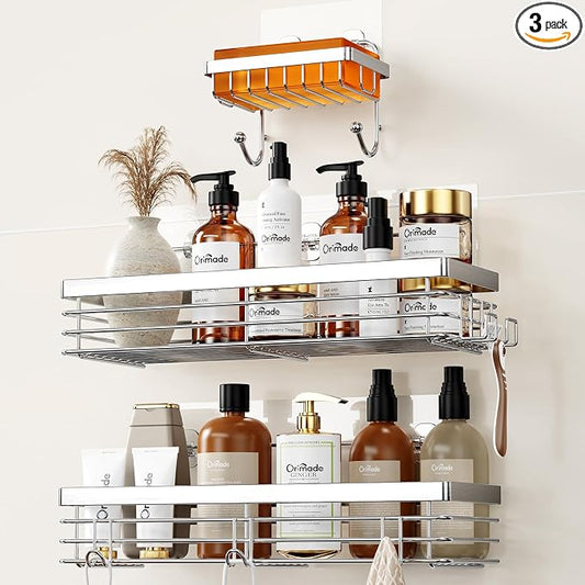 Orimade Adhesive Shower Caddy Soap Dish Holder Shelf with 5 Hooks Bathroom Organizer Basket Kitchen Storage Rack Wall Mounted No Drilling Stainless Steel - 3 Pack,Silver
