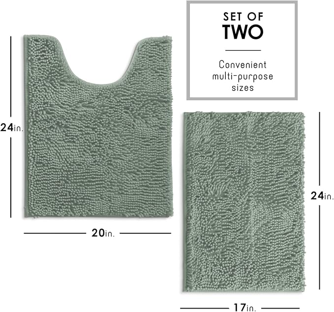 Hearth & Harbor Bathroom Rugs, Chenille Bath Mat - Machine Washable Bath Mats for Bathroom Non-Slip Backing Rubber, Quick Dry Bathroom Mat, 17 x 24 + 20 x 24 - Ice Green