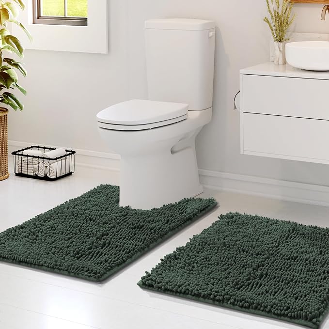Hearth & Harbor Bathroom Rugs, Chenille Bath Mat - Machine Washable Bath Mats for Bathroom Non-Slip Backing Rubber, Quick Dry Bathroom Mat - Hunter Green 17x24-20x24