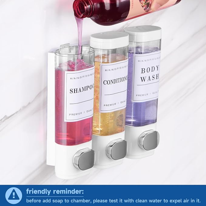 Shower Soap Dispenser Wall Mounted No Drill Shampoo Dispenser for Shower Wall Shampoo and Conditioner Dispenser Bathroom Hotel 3 * 300ml White with 3 Labels
