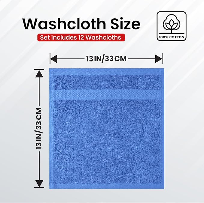 Infinitee Xclusives 100% Cotton Luxury Wash Cloths for Showering - 12 Pack | Washcloths [13x13] - Soft and Absorbent Face Towels for Bathroom Wash Clothes - Gym, Spa & Hotel Use