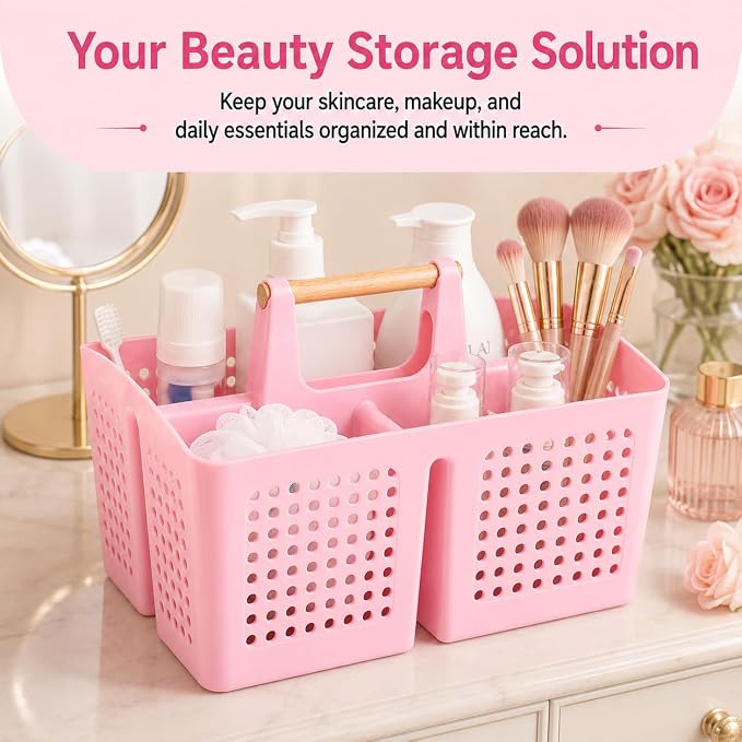 Portable Shower Caddy Basket with Wood Handle, 3-Compartment Bathroom Organizer Tote with Drain Holes, Plastic Shower Basket for Dorm, Toiletries, Cleaning Supplies, Candy Pink