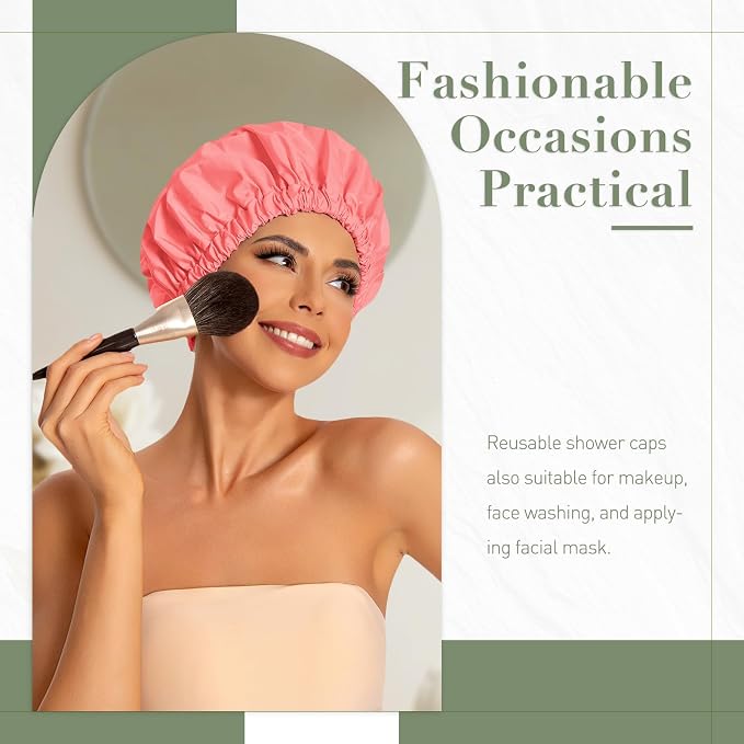 Edoneery Shower Caps for Women Reusable Waterproof, Shower Hair Cap | Washable Bonnet, Wide Elastic Band, Large Fit, Holds Long Hair, Braids Friendly, Bath Accessories, Spa, Travel