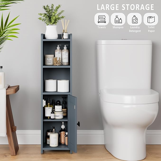 Lomojo Small Bathroom Storage Cabinet Corner, 7.87" Dx7.87 W x31.5 H (Gray) | Freestanding Narrow Toilet Paper Holder, Organizers for Bathroom Small Spaces Floor Cabinet with Adjustable Shelves and Door