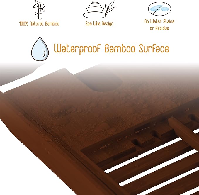 Bamboo Bathtub Caddy Tray - Expandable Waterproof Spa Bath Tray with Wine Glass Holder, Book/Tablet Stand, and Phone Slot - Non-Slip, Adjustable Handles for Most Tubs (Brown)