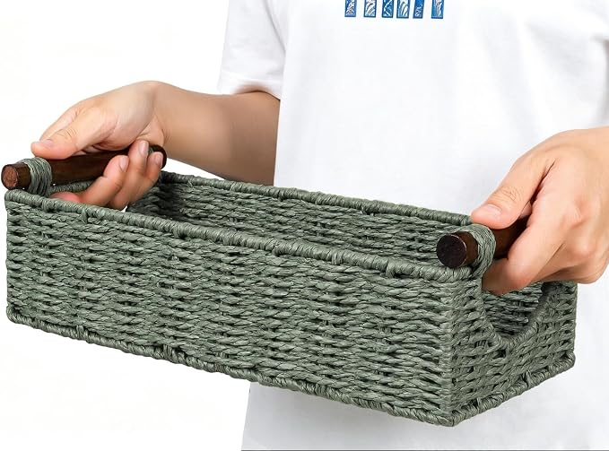 CubesLand Small Wicker Toilet Basket Tray Organizer W/Cut Out Handle, Handwoven Slim Decorative Basket for Countertop, Shelves And for Rustic Home Decor, Living Room, Nursery Organization, Green