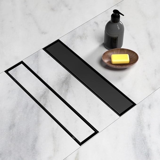 BARONAGE 12 Inch Linear Shower Drain, Reversible Tile Insert, Matte Black | 304 Stainless Steel Linear Drains, Rustproof, Hair Catcher, Rectangle Shower Floor Drain With Leveling Feet For Bathroom