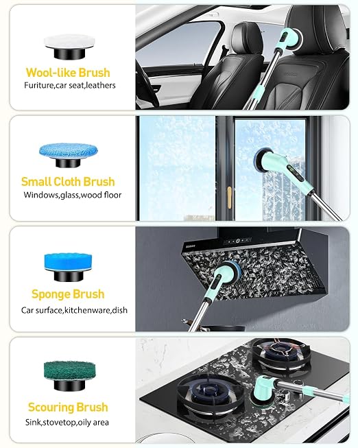 Electric Spin Scrubber for Bathroom, Shower Scrubber with Long Handle | Shower Cleaner Brushes, IPX7 Waterproof & 2 Speed, 8 Brush Heads, 90min Runtime, Bathroom Cleaning Supplies for Toilet Tub