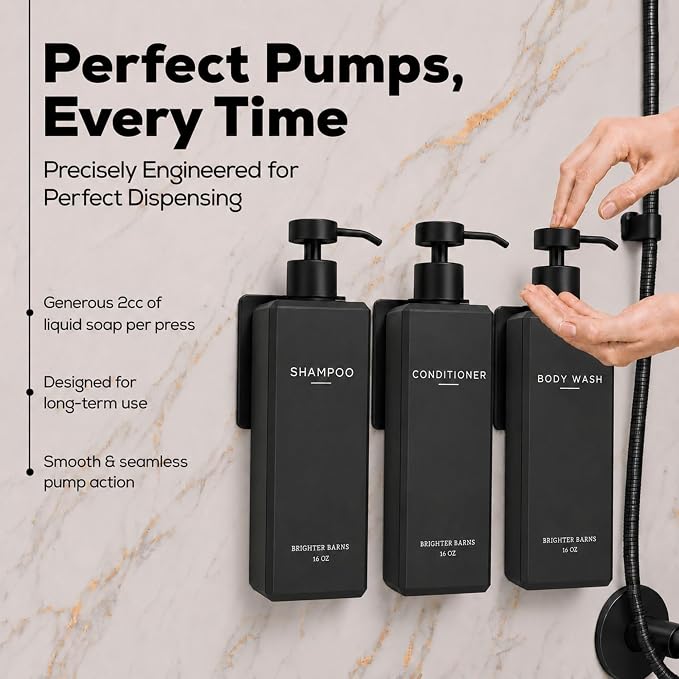 Black Shampoo and Conditioner Dispenser Set Wall Mounted by Brighter Barns - Shampoo Conditioner Body Wash Dispensers - No Drill Shower Soap Bottles for Hotel, RV, Spa, Airbnb, Vacation Rental (Black)
