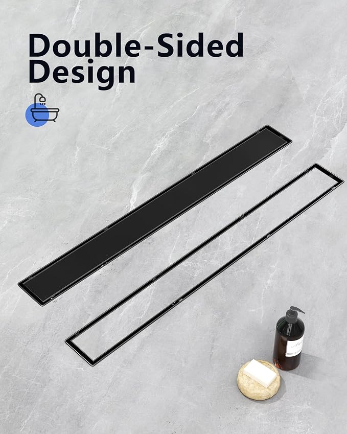 YEFU Black Linear Shower Drain for Bathroom: 24 Inch Shower Drain with Tile Insert Grate - 304 Stainless Steel Rectangle Linear Drain - 2-in-1 Matte Black Shower Floor Drain