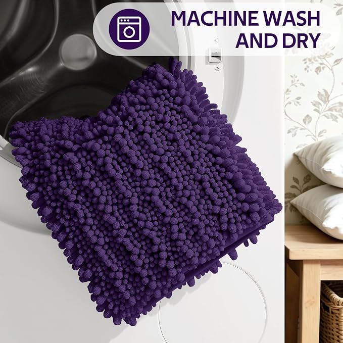 ACCUMTEK Upgrade Luxury 2 Piece Dark Purple Toilet Bathroom Rug Mat 48"x20"+24"x17", Ultra Soft Thick Absorbent Bath Mats, Non Slip Chenille Toilet Mat for Bathroom, Bedroom, Kitchen, Shower, Tub