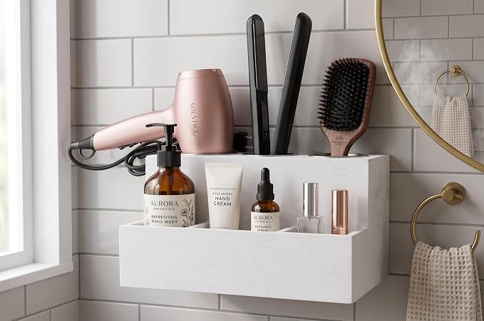 Hair Tools Organizer - Wood White - Blow Dryer, Straightener, Curling Wand, Brushes Holder - Vanity & Bathroom Storage - Wall Mount or Sit on Counter