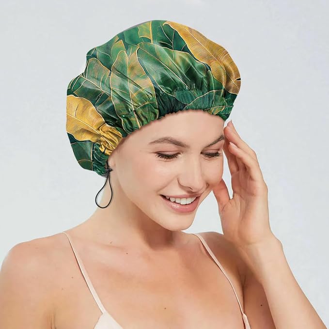 2 PCS Shower Cap Reusable Waterproof Double Layers Hair Caps Shower Bath Adjustable Elastic Hat for Women Girls Cute Aesthetic-Leaf Frog