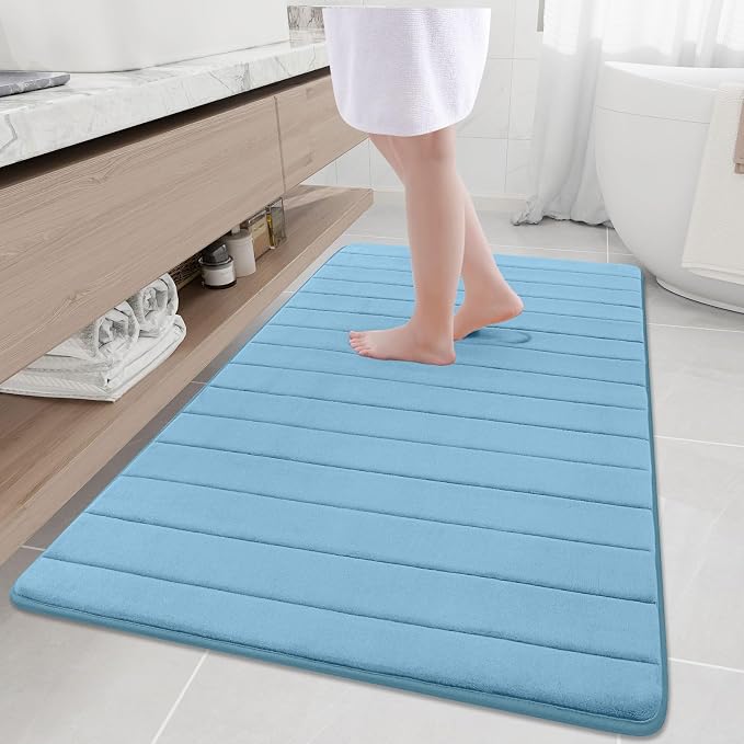 Buganda Memory Foam Bath Mat 59 x 34, Ultra Soft Absorbent Bathroom Rugs | Blue, Machine Washable Quick Dry Bath Mats for Bathroom Floor, Shower and Tub, Home Decor Accessories
