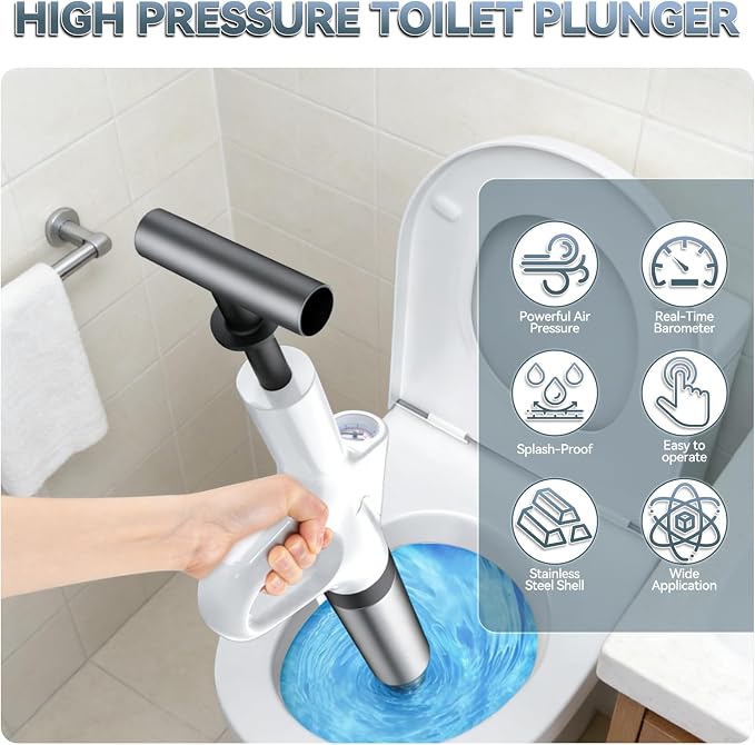 Toilet Plunger, High Pressure Drain Unclogger Plungers with Pressure Gauge, toilet auger Air Drain Blaster, Versatile Heavy Duty Clog Remover for Bathroom, Kitchen, Floor Drain (White)