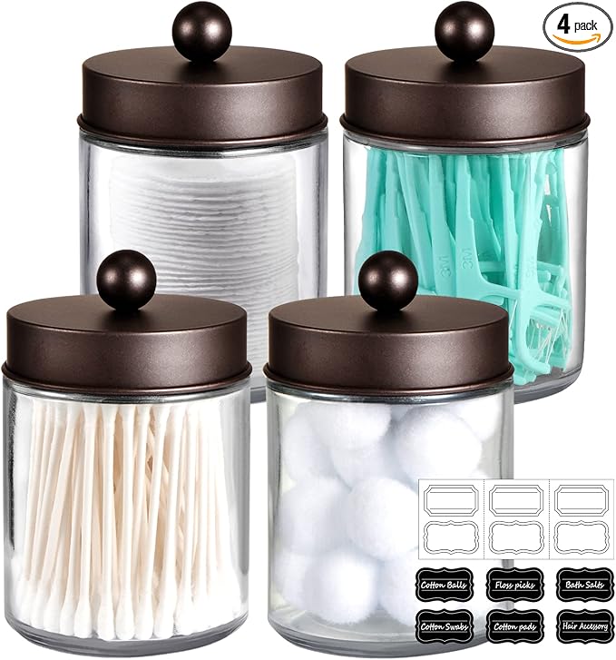 Amolliar 4 Pc Glass Apothecary Jars - Countertop Qtip Dispenser Holder with Stainless Steel Lids&Cute Stickers -Bathroom Vanity Storage Organizer Set for Qtips,Cotton Swabs/Rounds (Bronze)