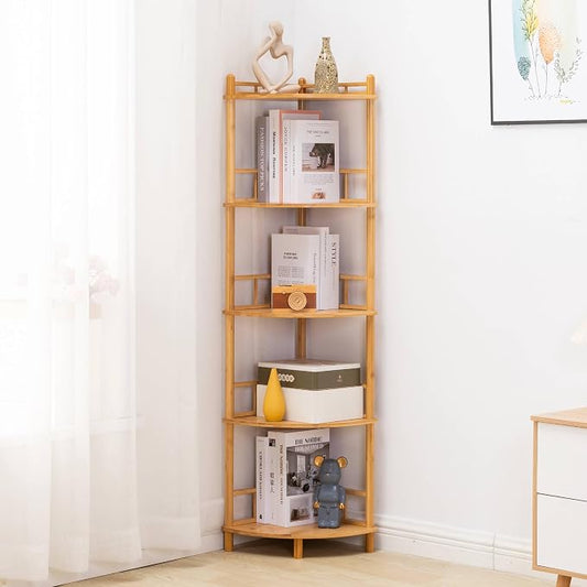 5-Tier Expandable Bamboo Corner Shelf Stand,Corner Bookshelf, Display Storage Shelves with Open Shelves, for Organization and Storage, Living Room, Home Office, Garage (Natural, 5-Tier WithRail)
