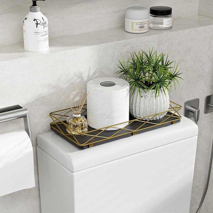 Lixple Toilet Paper Basket Holder, 13" Toilet Tank Tray, Wood and Metal Toilet Tray Vanity Organizer Bathroom Tray, Kitchen Sink Organizer for Soap Dispenser (Black + Gold)