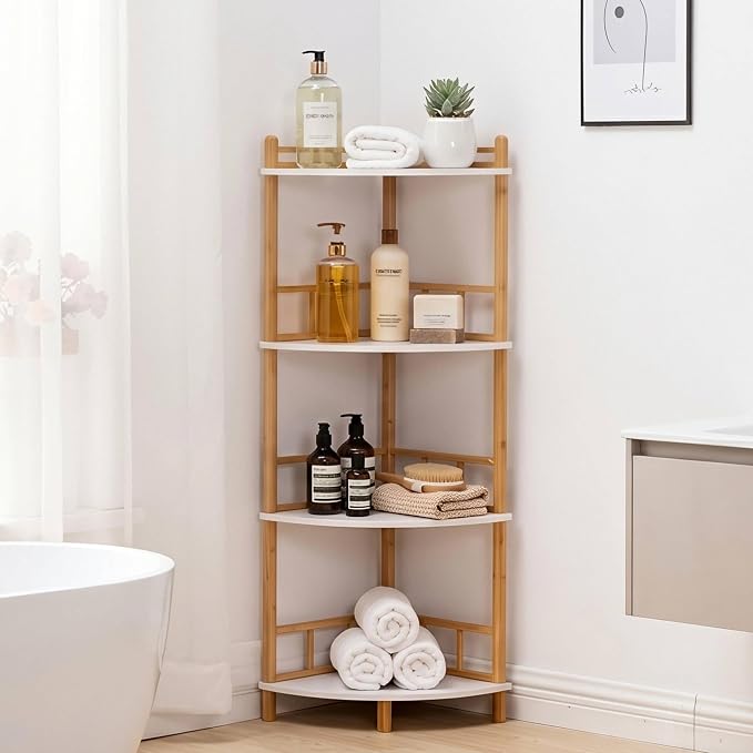 4-Tier Expandable Bamboo Corner Shelf Stand,Corner Bookshelf, Display Storage Shelves with Open Shelves, for Organization and Storage, Living Room, Home Office, Garage (White, 4-Tier WithRail)