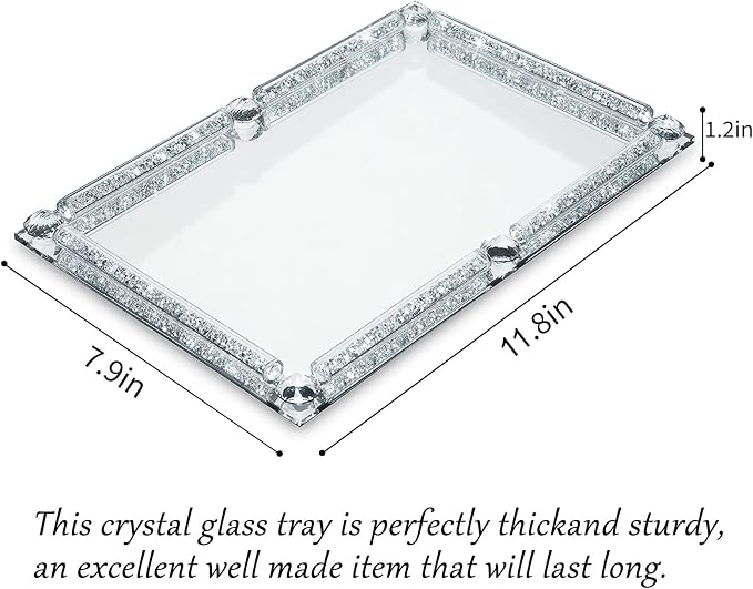 Mirror Perfume Tray for Dresser,Crushed Diamond Filled Glass Vanity Tray,Decorative Bathroom Tray,Crystal Tray for Home Decorative,Party,Hotel Banquet,11.8"x 7.9"x1.2",Silver
