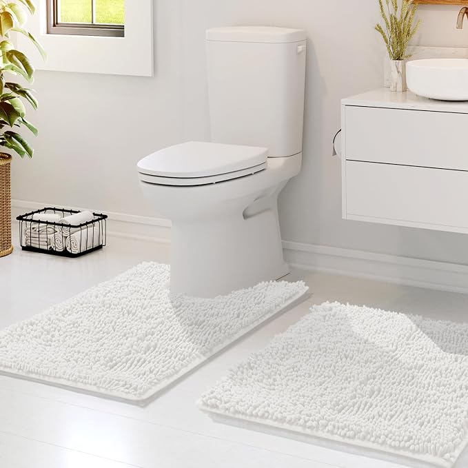 Hearth & Harbor Bathroom Rugs, Chenille Bath Mat - Machine Washable Bath Mats for Bathroom Non-Slip Backing Rubber, Quick Dry Bathroom Mat - White 17x24-20x24