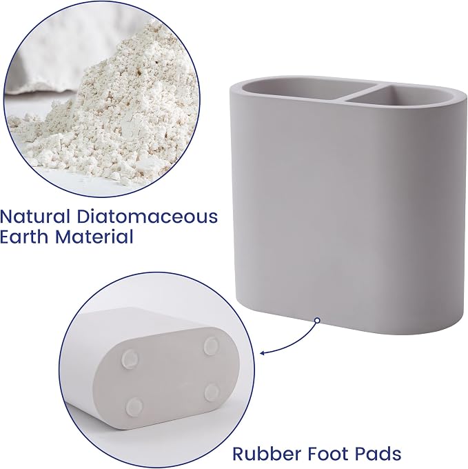 Diatomite Toothbrush Holder for Bathroom Counter, 2-Slot Toothpaste Organizer, Quick Drying Stand for Electric Brush, Grey, 4.37 x 3.9 in