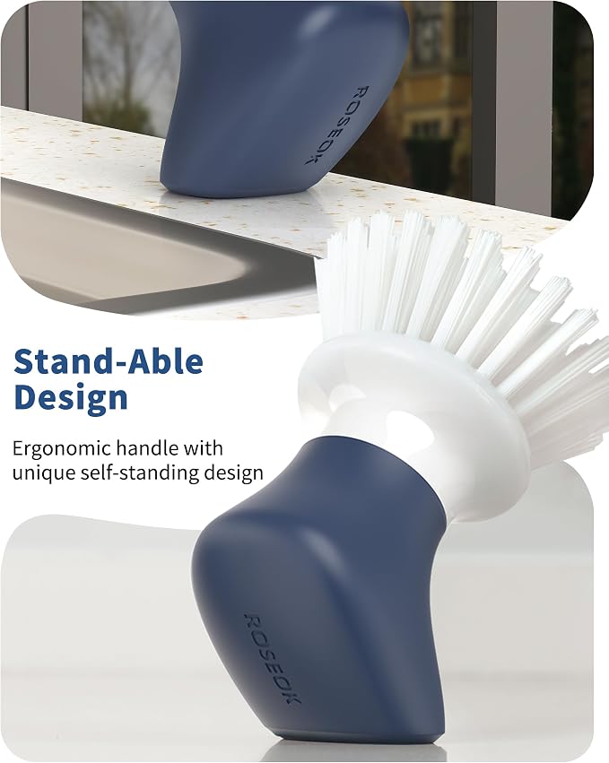 ROSEOK Dish Scrub Brush, Palm Brush, Kitchen Brush, Nylon Bristles | Self-Standing Dish Scrubber with Ergonomic Grip for Cleaning Dishes, Non-Stick Pans and Sinks, Navy Blue, 2 Pack