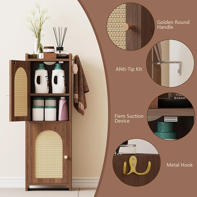 Rattan Bathroom Storage Cabinet,Corner Floor Cabinet with 2 Doors and Adjustable Shelf, Narrow Toilet Paper Cabinets with 2Hooks,Toilet Organizer for Small Spaces,7.87"D*9.84"W*29.72"H （Brown）