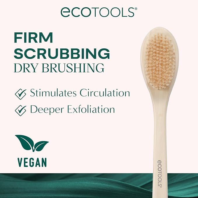 EcoTools Bristle Bath Brush, Shower Body Brush with Gentle, Stiff Bristles, Long Bamboo Handle, Gently Exfoliating for Back & Body, Stimulates Blood Circulation, Eco-Friendly, 1 Count (Pack of 2)