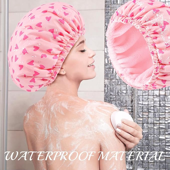 Shower Cap for Women Terry Lined Bath Cap Large Reusable Waterproof Elastic Pink Hearts Shower Caps for Long Thick Hair Soft Bath Shower Hair Caps