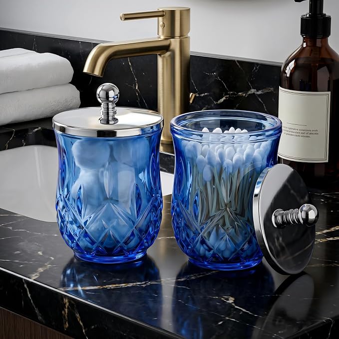2 Pack Glass Qtip Holder Dispenser Set, Round Bathroom Apothecary Jars with Silver Lid for Cotton Swabs, Balls, Pads, Floss Picks, Vanity Storage Container for Makeup, Candy, Jewelry(10 Oz, Blue)