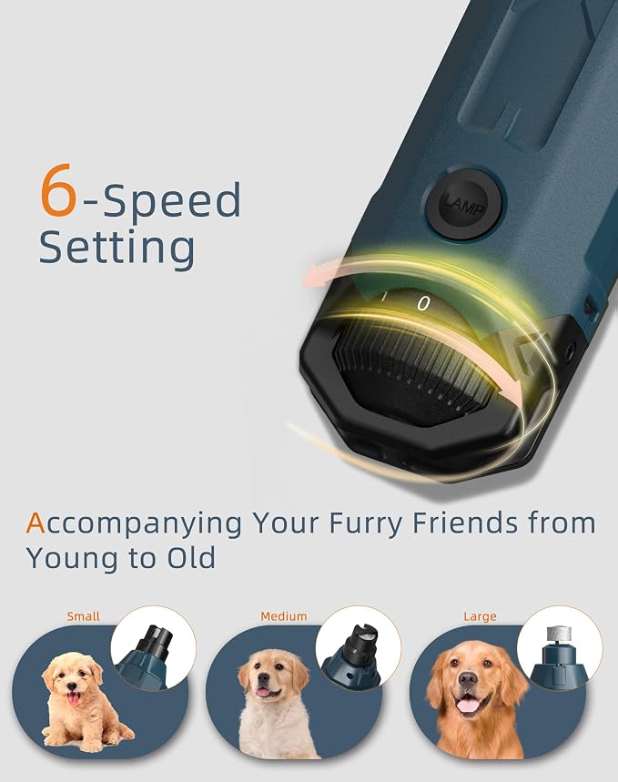 6-Speed Dog Nail Grinder& 5 Grinding Heads with 2 LED Lights | Super Quiet (45 db) Pet Nail grinder 12000RPM & 3 Grinding Ports with Dust Cap Dog Nail Trimmer for Large Medium Small Dogs