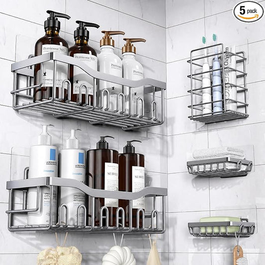 EUDELE 5-Pack Rustproof Stainless Steel Shower Caddy – No Drill Adhesive Bathroom Organizer with Large Capacity, Spacious Shower Shelves for Inside Shower, Kitchen & Home Decor Storage-XL Size