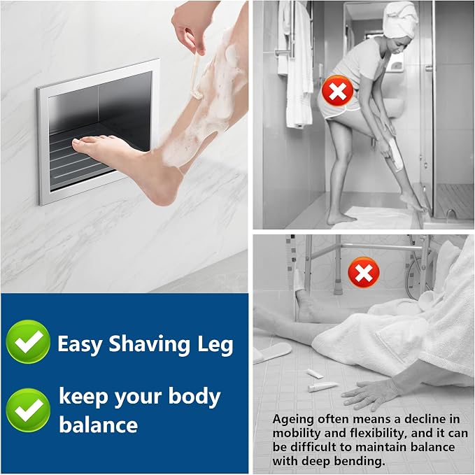 Qeke Shower Foot Rest for Shaving Legs, 304 Stainless Steel Footrest Niche with Shaving Holder, Recessed Shower Niche for Shaving Legs, Matte Black