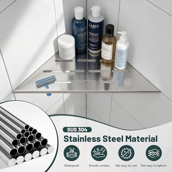 10" Corner Shower Shelf, 304 Stainless Steel Slot Design Bathroom Shower Shelf, Recessed Corner Shelves for Tiled Wall, 2 Pack, Brushed Nickel