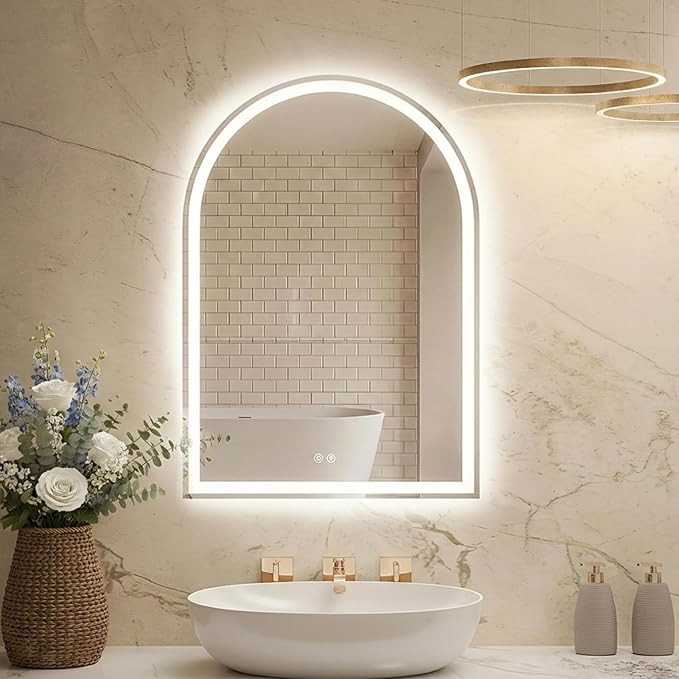 DUMOS 28"x36" LED Bathroom Mirror with Lights, Arched Vanity Mirror | Anti-Fog, Dimmable, 3-Color Light, Memory Function, Front Light and Backlit, Tempered Glass