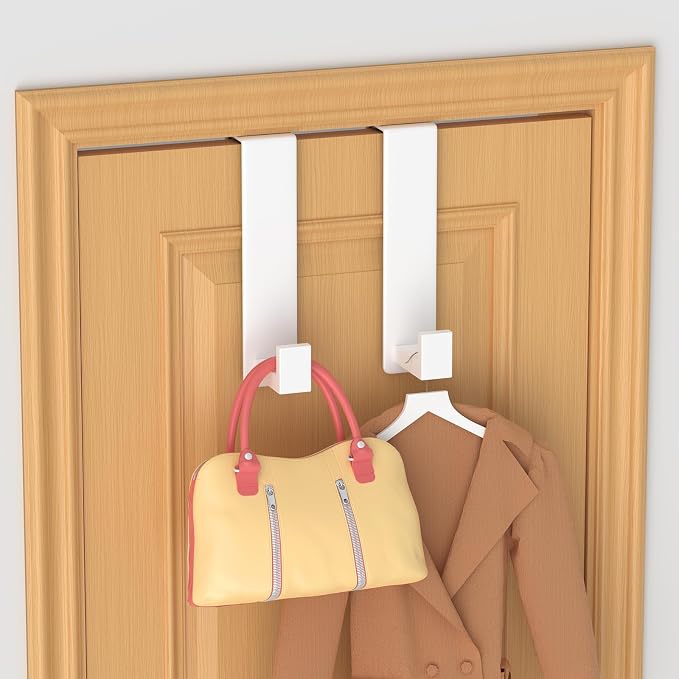 PMMASTO 2-Pack Over The Door Hooks - Rustproof Stainless Steel Door Hangers for 1-3/4 Inch Doors, Non-Marking and Tool-Free Easy Install (White, L Shape-Fits 1-3/4" Thick Door)