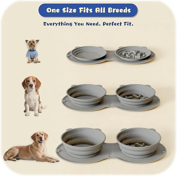 Premium Silicone Collapsible Dog Bowl with Carabiner Clip, 2-in-1 Foldable Double Pet Food & Water Travel Bowl, Portable No-Spill Design for Walking Hiking Camping, for Small Medium Dogs