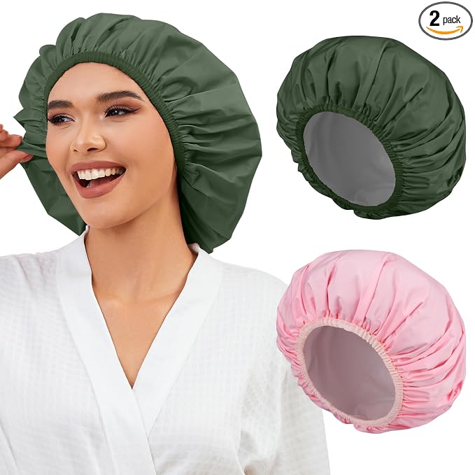2 Pack Shower Caps for Women, Reusable Waterproof Shower Cap with Elastic Band, Thickened Waterproof Fabric Shower Bonnet for Braids, Long Hair (Pink and Green)