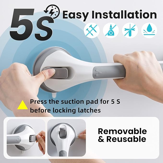 TAILI Grab Bars for Bathtubs and Showers 2 Pack Suction Grab Bar, Heavy Duty Shower Handle Removable Bath Handrails for Seniors and Elderly, Bathroom Safety Grip No Drilling Waterproof,Grey,G9