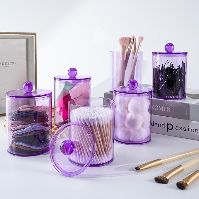 4 Pcs Acrylic Qtip Holder, Cotton Ball Holder Jars with Lids, Purple | Apothecary Jars for Cotton Swabs, Balls, Pads and Floss Picks, Bathroom Vanity Organizer