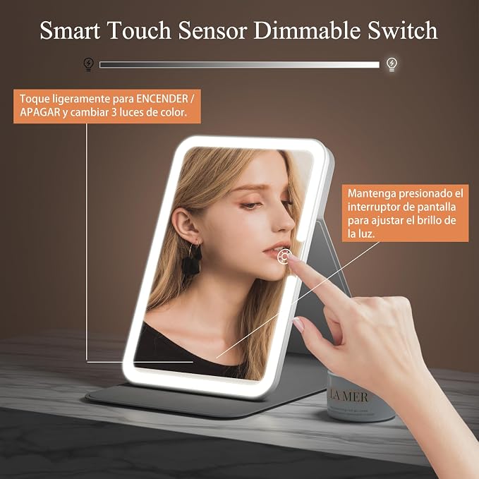 Rechargeable Travel Lighted Makeup Vanity Mirror with PU Leather Cover | Portable Travel Makeup Mirror with lights, 3 Color Lighting,Touch Dimmable, Light Up Tabletop Cosmetic Mirror Folding Flower