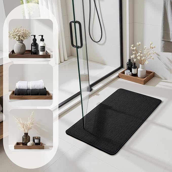 HOMEIDEAS Bathroom Rugs Set 2 Piece Thin Non Slip, Black 17"x24"+20"x32" | Quick Dry Absorbence Bath Mats, Soft Chenille, Low Profile Fits Under Doors, Ideal for Bathtub, Shower, Elderly and Pets