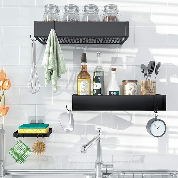 Shower Caddy Wall Mounted Stainless Steel Basket Shelf Shampoo Holder, Adhesive Shower Shelf Basket Rack Organizer, No Drilling Bathroom Shelf with Hooks, Kitchen Spice Holder-2 Pack