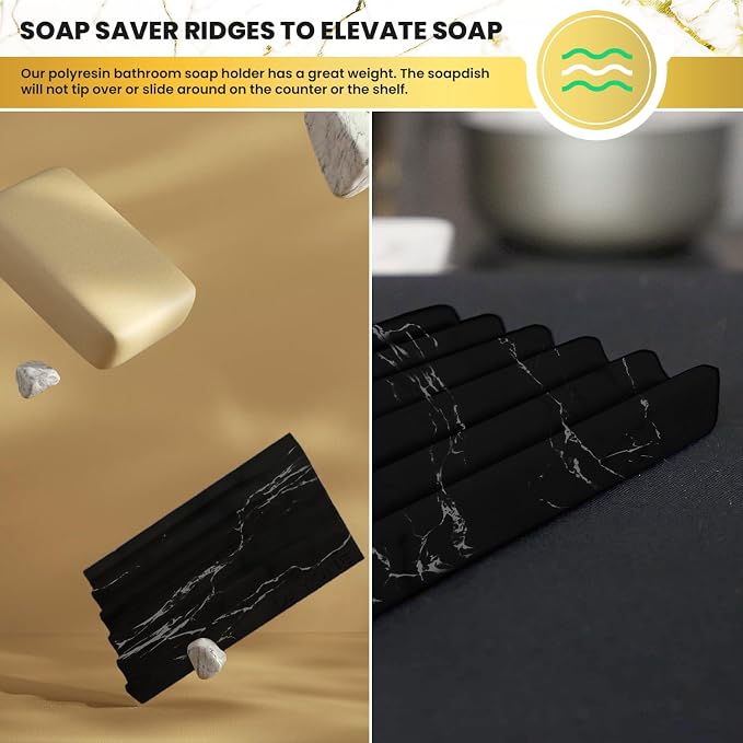 DAYONE Holder with Marble Look - Soap Dish with Soap Saver Ridges Rectangle Bar Soap Holder with Non Slip Feet - Soap Tray for Bathroom, Sink, Kitchen, and SPA (Black)