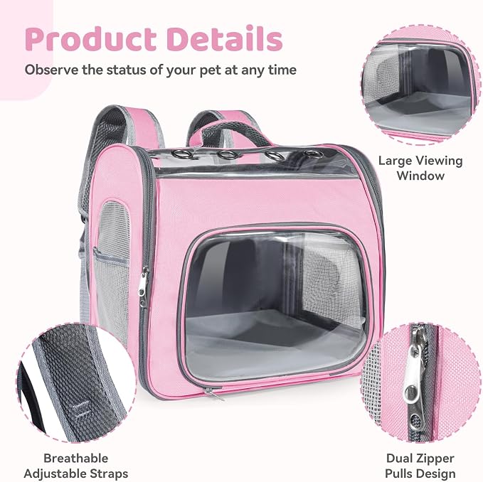 Airline Approved Cat Soft-Sided Carrier Backpack Up to 12 lbs (Pink) | Airport-Friendly Breathable Mesh Foldable Pet Travel Bookbag with Reinforced Support, Portable Puppy Carry Bag for Kitty