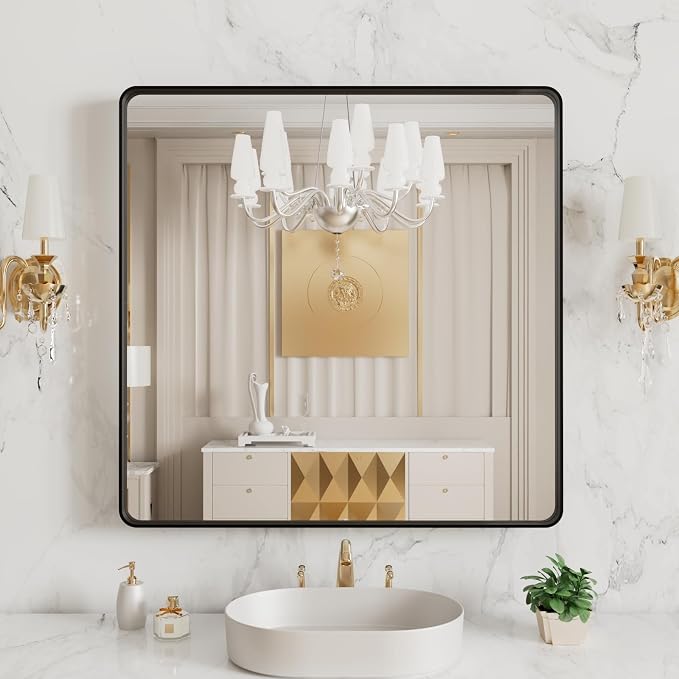 LOAAO 38x38 Inch Black Bathroom Mirror Metal Framed | Matte Black Bathroom Vanity Mirror, Rounded Rectangle, Anti-Rust, Tempered Glass, Hangs Horizontally or Vertically