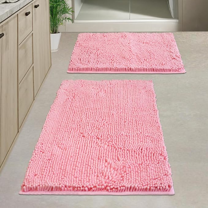 Bathroom Rugs Chenille, Extra Thick and Absorbent, Non-Slip, Machine Washable, Dry Quckily, Soft Cozy Plush, Used Under Shower Bathtub and Sink, Bath mat Sets 2Piece Pink