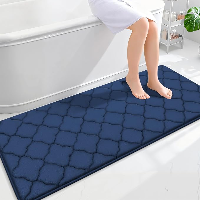 OLANLY Memory Foam Bath Mat Rug 59x24, Ultra Soft Bathroom Rugs, Navy | Thick Absorbent Carpet, Non-Slip Backing, Machine Washable, for Bathroom Floor, Tub, Shower and Home Decor Accessories