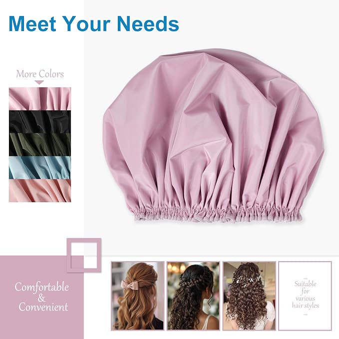 Shower Cap for Women, Large Waterproof Shower Bonnet | Double Layer, Reusable Hair Protector, Washable Large Bath Cap, Wide Elastic Band, for Long Hair, Braids - Purple
